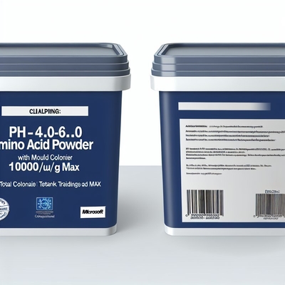 pH 4,0-6,0 Αμινοξέα σε σκόνη με μούχλα 25 CFU/g Max Συνολικό αποικιοποιητικό 1000 CFU/g Max
