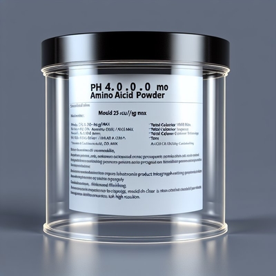 pH 4,0-6,0 Αμινοξέα σε σκόνη με μούχλα 25 CFU/g Max Συνολικό αποικιοποιητικό 1000 CFU/g Max
